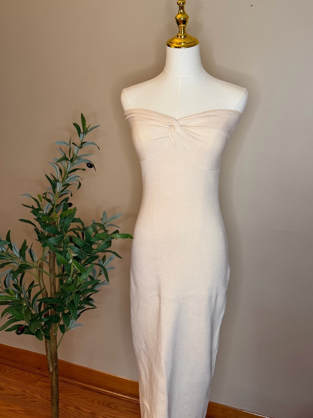526. Strapless Twist-Front Midi Dress in Beige - Picture 2 of 3